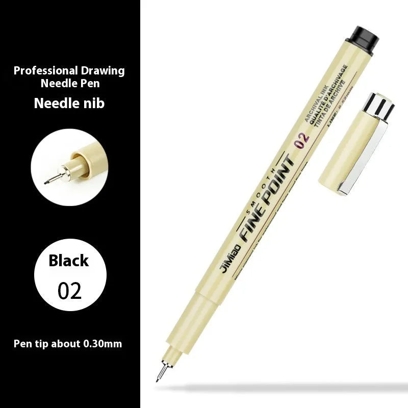 Waterproof needle pen with hand-drawn syringe cartoon design on plastic shell for sketching and writing