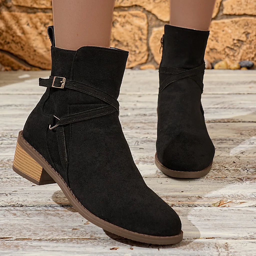 Women's suede ankle boots with cross-strap, side zipper, mid-heel square heel, round toe, available in camel and black sizes 36-43