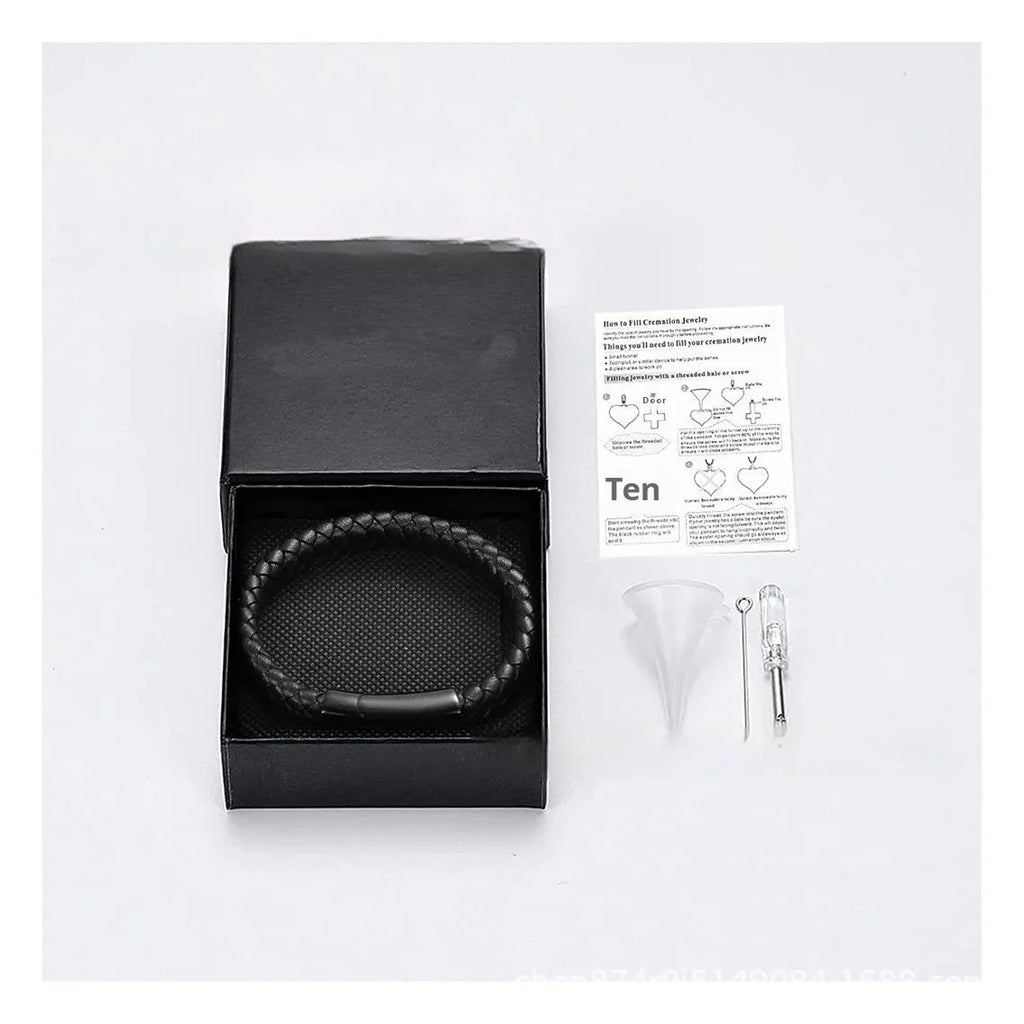 Black stainless steel memorial bracelet with leather weaving and engraved text