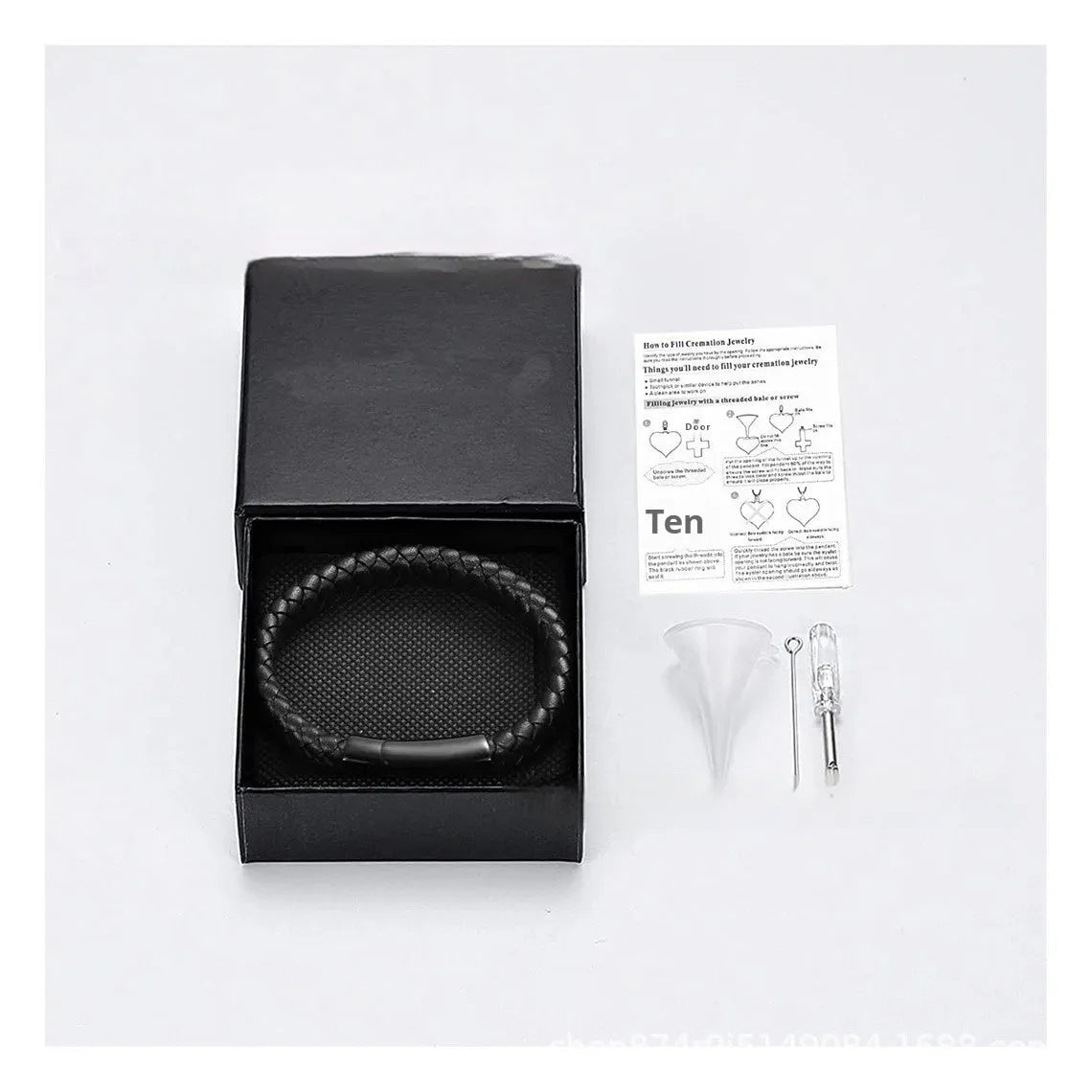 Black stainless steel memorial bracelet with leather weaving and engraved text