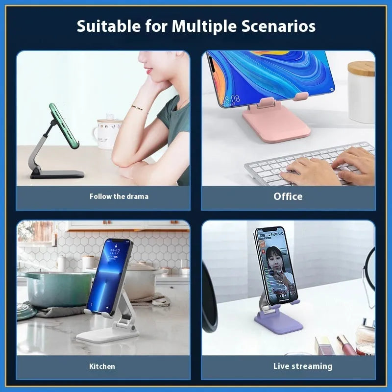 Folding portable desktop stand for mobile phones and tablets in white colour on a wooden desk