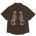 Brown striped Cuban collar short sleeve shirt for outdoor camping