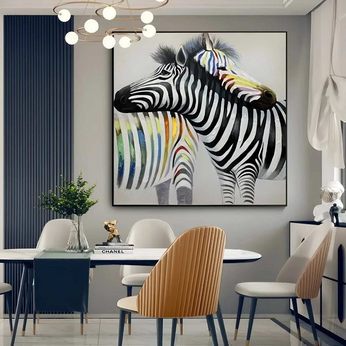 Handmade oil painting on canvas of colourful couple zebras, square frameless wall art for living room or bedroom