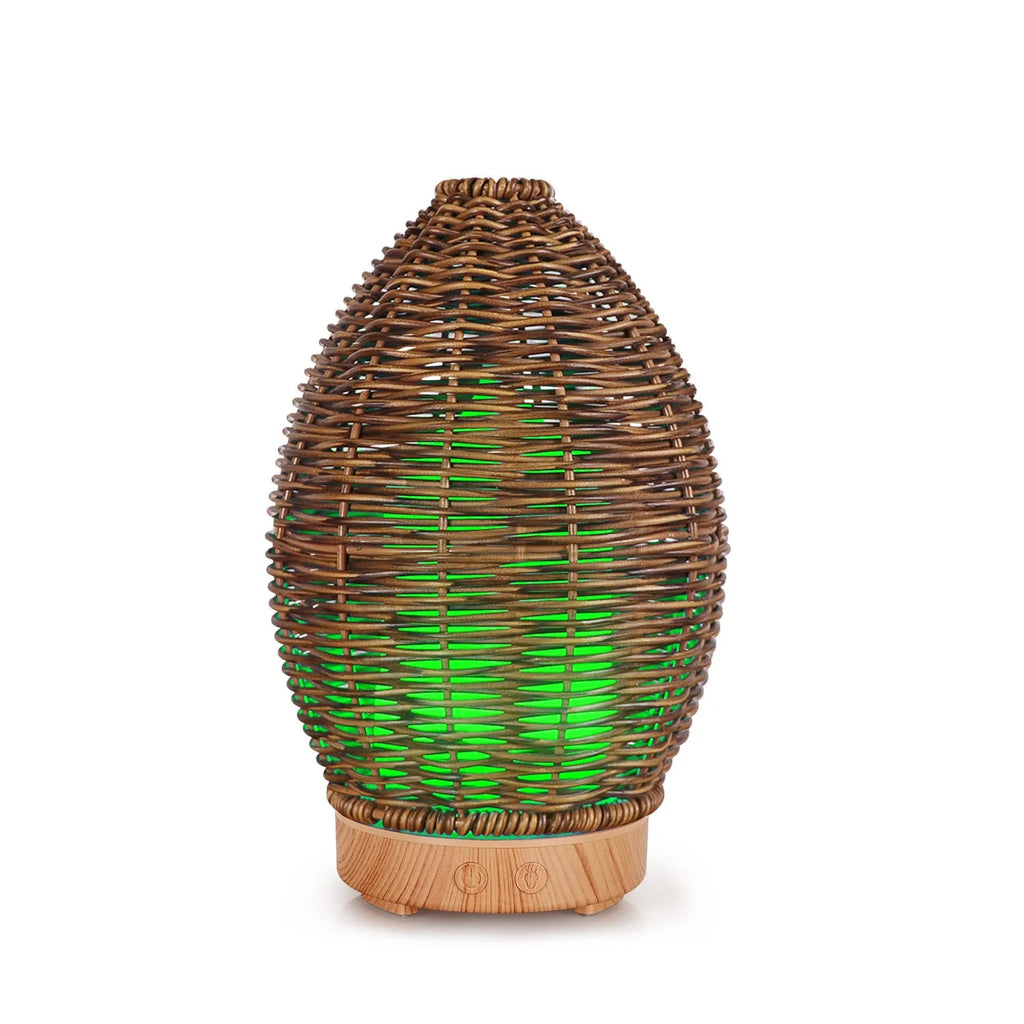 Light wood grain rattan-style ultrasonic aroma diffuser with 100ml capacity tank.