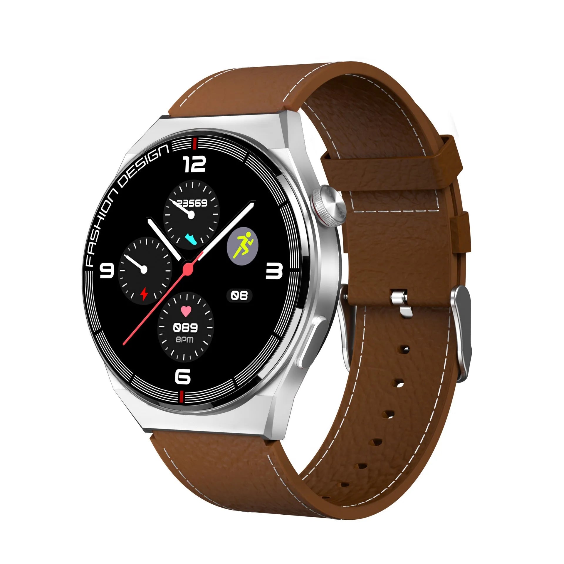 Black Bluetooth smartwatch with 1.28 inch screen on a silicone strap, showing heart rate display