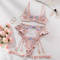 Light purple satin lingerie set with embroidery, four-piece underwear collection