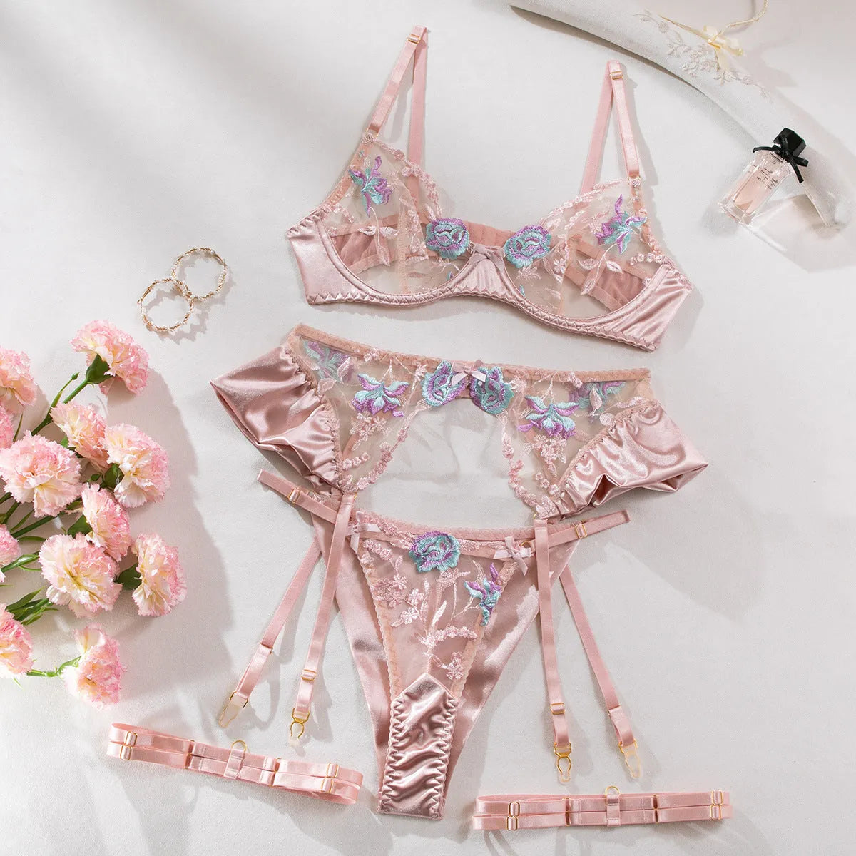 Light purple satin lingerie set with embroidery, four-piece underwear collection