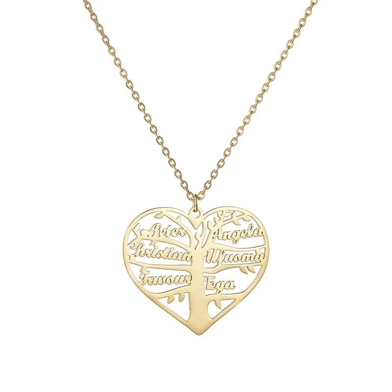 Custom engraved name necklace with hollow heart family tree pendant in stainless steel.