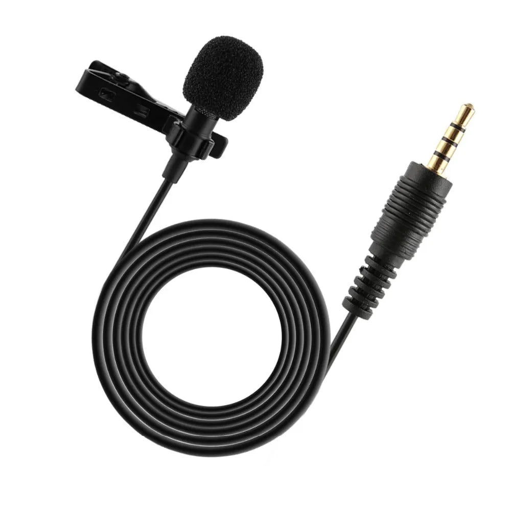 Portable neckline clip microphone set in black with 3.5mm jack and 12-hour battery
