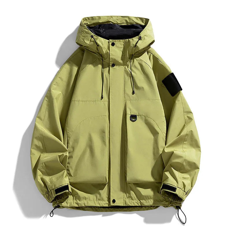Men's black windproof waterproof hooded jacket on a hanger, shown in regular length with long sleeves.