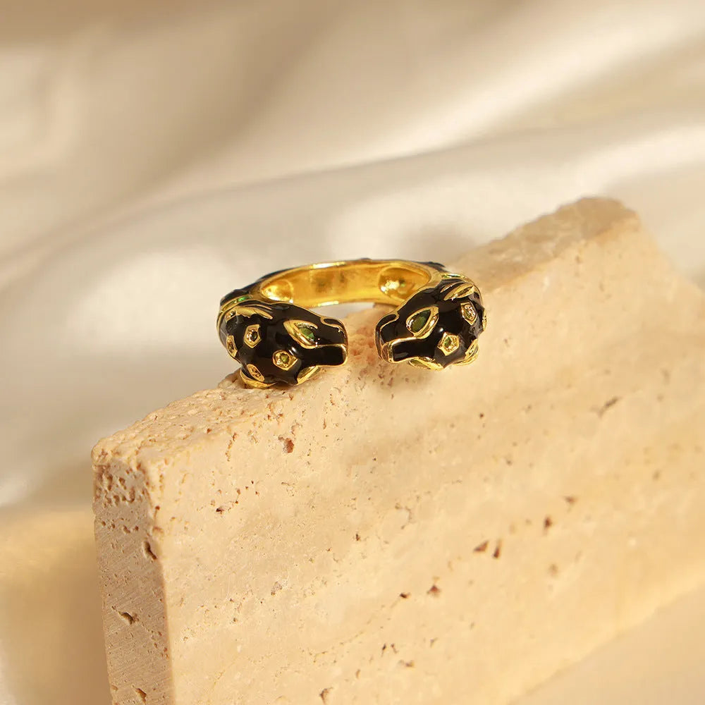 Black geometric cheetah pattern open ring with electroplated finish, size 7 women's fashion jewellery