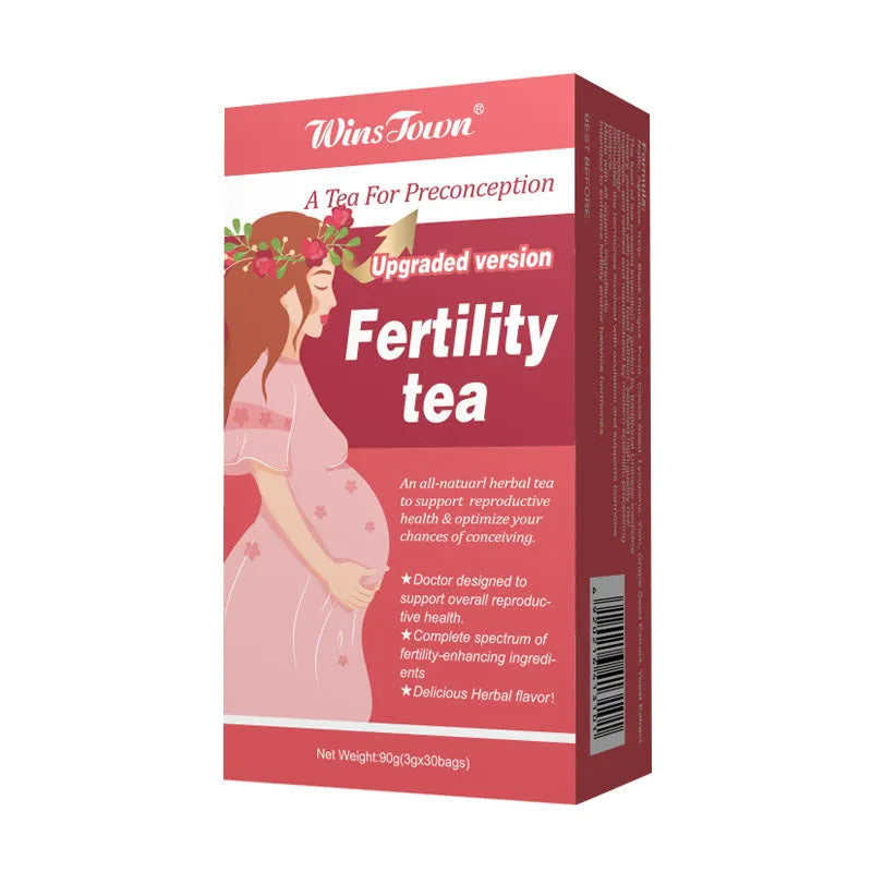 Box of fertility supplement tea containing 30 individual tea bags, part of a 3-box pack.