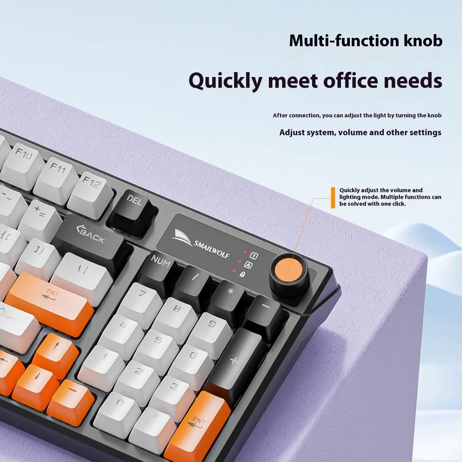 SK15 wired mechanical gaming keyboard with control knob in sunset orange colour beside notebook computer