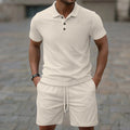 Men's solid colour jacquard casual short sleeve suit with matching shorts in polyester fabric