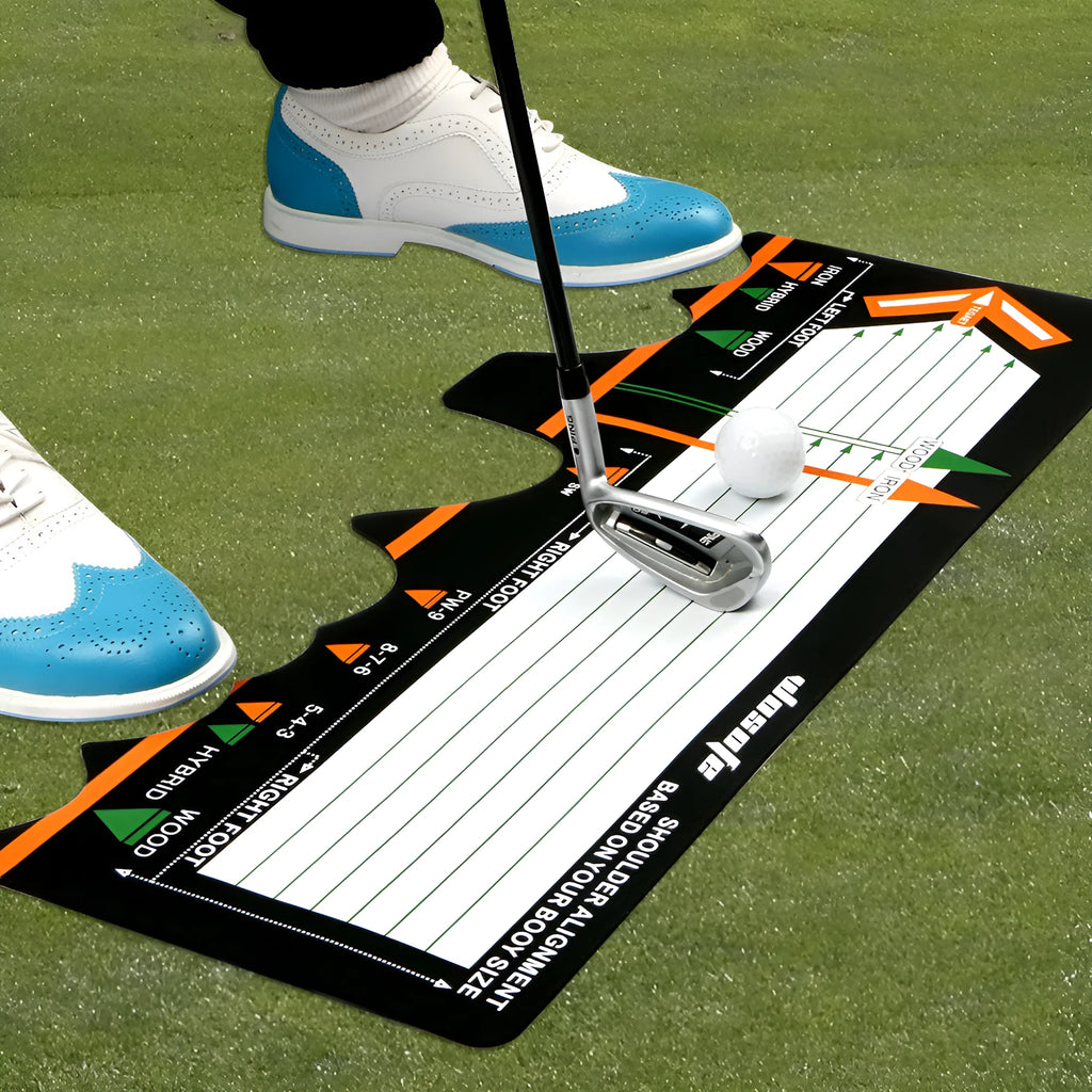Black neoprene golf swing posture correction mat for stance alignment practice.