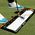 Black neoprene golf swing posture correction mat for stance alignment practice.