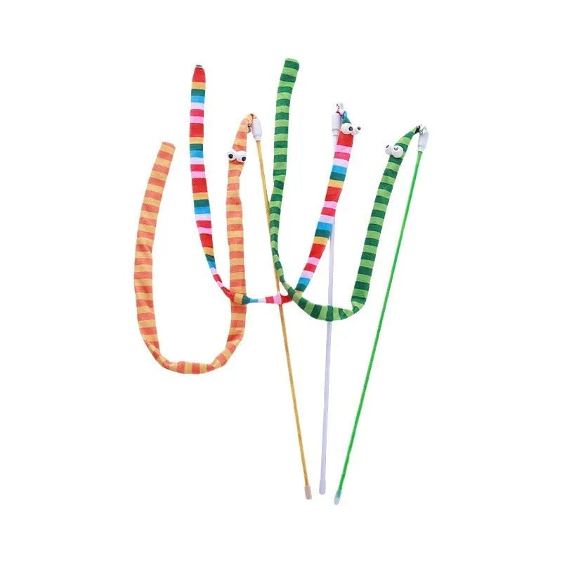 Cat wand toy with a polycarbonate pole and a long colourful plush strip with a bell, held in a person's hand.