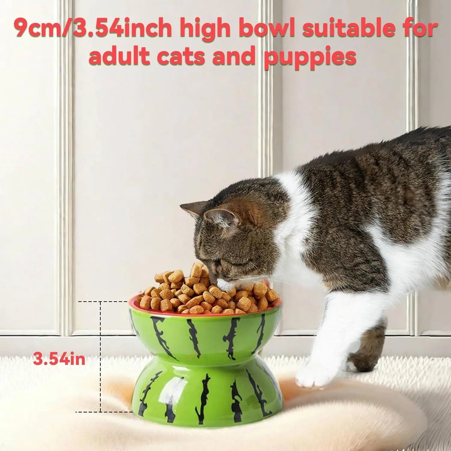 Ceramic raised cat bowl with elevated stand and wide tilted dish in fruit pattern.