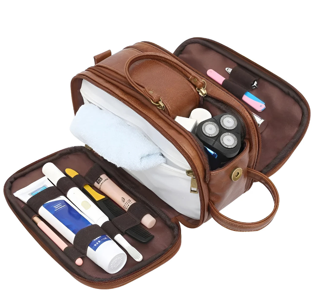 Men's solid-colour PU toiletry bag for travel storage of cosmetics and grooming essentials.