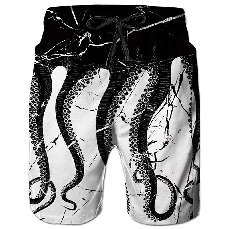 Men's beach shorts with octopus print, straight leg cut, available in plus sizes S to 4XL