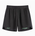 Men's navy blue training fitness shorts made from polyester spandex fabric, shown on a model.