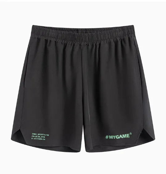 Men's navy blue training fitness shorts made from polyester spandex fabric, shown on a model.