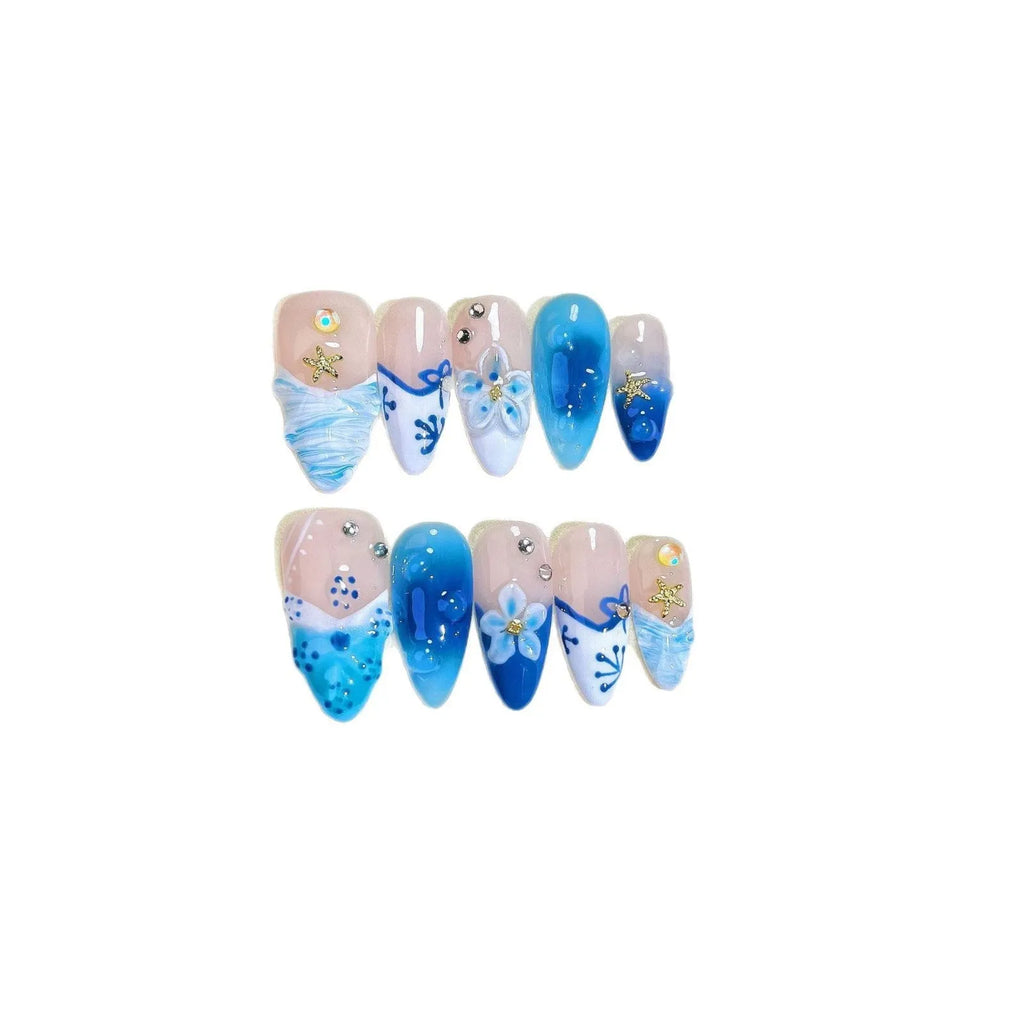 Blue hand-painted carved summer ice transparent plastic fake nails set for women
