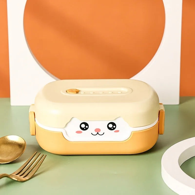 Square divided plastic lunch box with cartoon design elements in multiple colour options