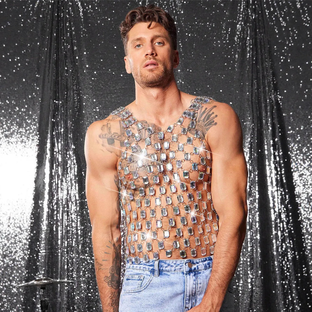 Heavy metal style gem vest top in transparent AB with slim fit and strapless design for men