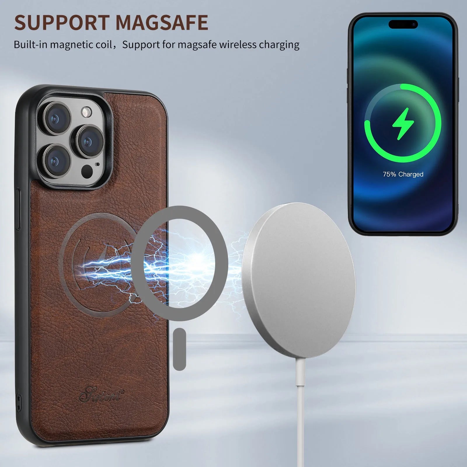Handmade PU TPU plug-in card phone case with bracket and magnetic suction in lychee black finish