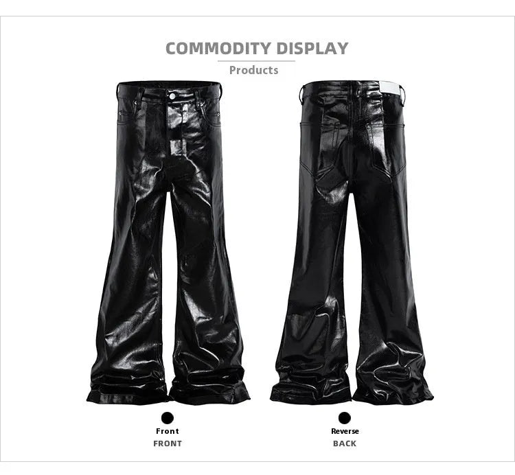 Black shiny patent leather coated straight-leg skinny jeans on a model