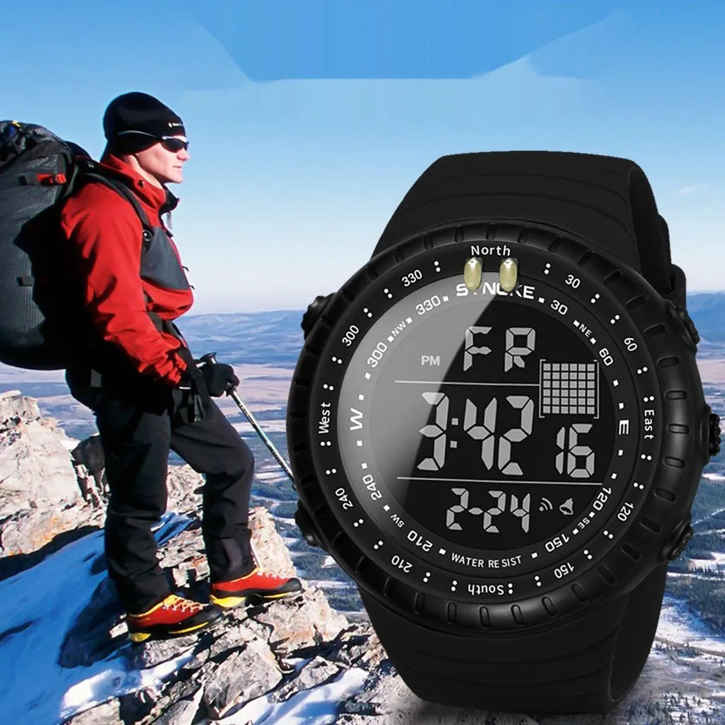 Black men's digital outdoor watch with large dial and PU strap on a wrist