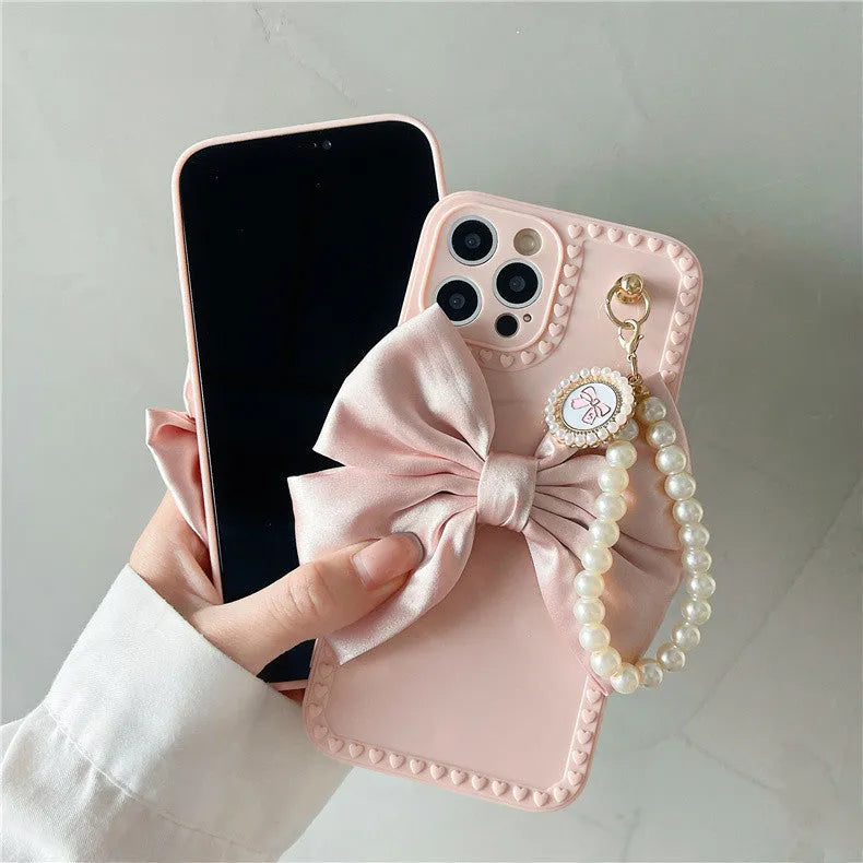 Bowknot pearl chain TPU phone case for iPhone in beige solid colour rear cover style