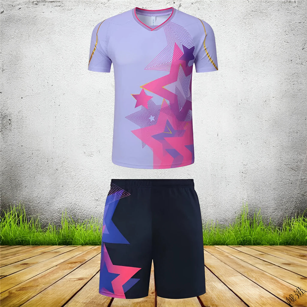 Badminton sportswear set with polyester short-sleeved top and matching trousers in multiple colour options