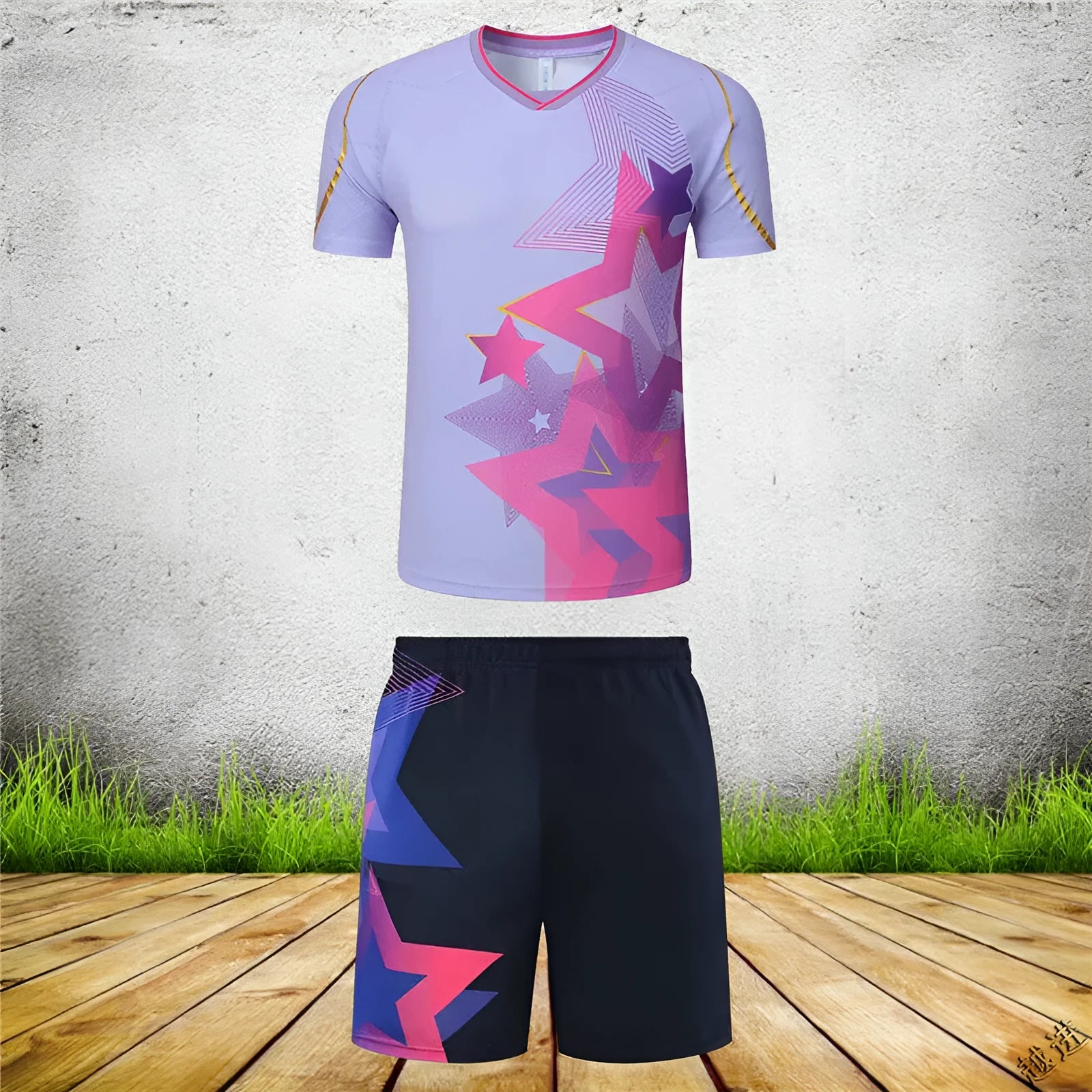Badminton sportswear set with polyester short-sleeved top and matching trousers in multiple colour options