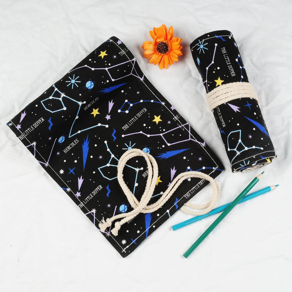 Canvas roll-up pencil case in black starry sky and constellation colours with 12 to 108 hole options