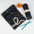 Canvas roll-up pencil case in black starry sky and constellation colours with 12 to 108 hole options