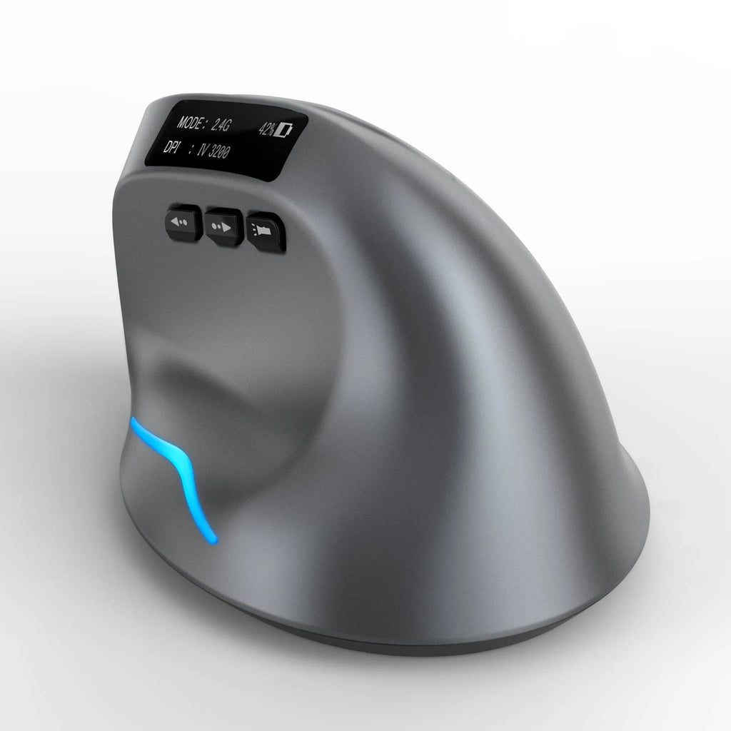 Grey vertical ergonomic Bluetooth mouse with USB charging port on a desk.