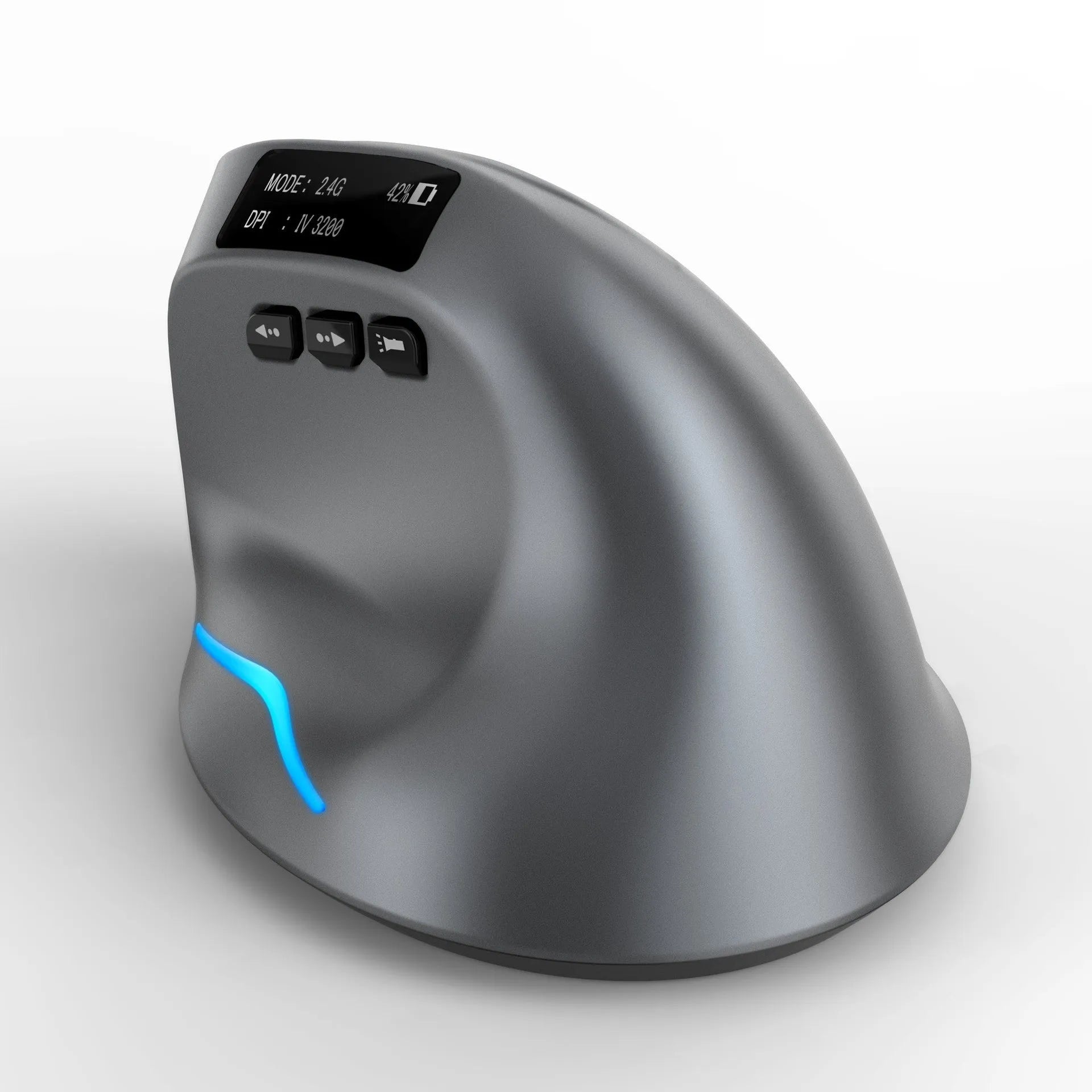 Grey vertical ergonomic Bluetooth mouse with USB charging port on a desk.