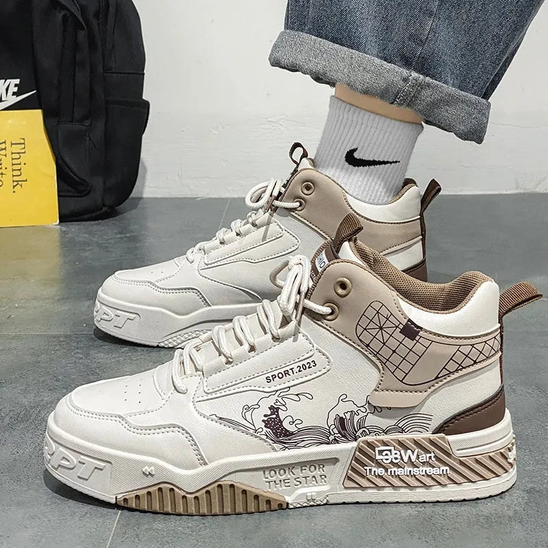 Men's beige board shoes with mesh lining and lace-up front closure on flat rubber sole