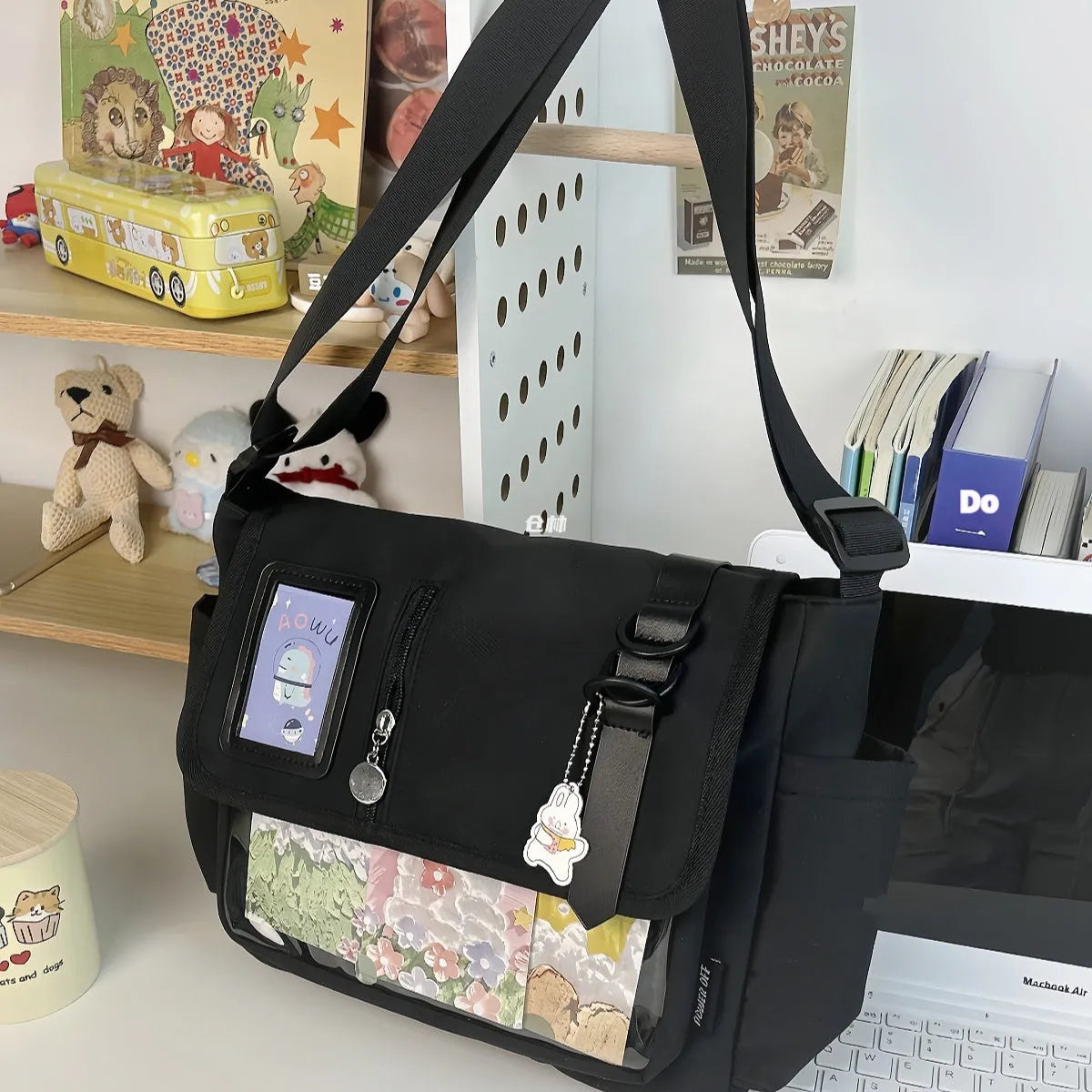 Canvas crossbody bag, horizontal square, 33x27x15cm, waterproof, soft, with optional pendant, black blue white yellow