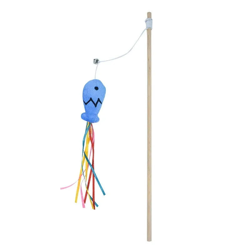 Cat wand toy with wooden handle, colourful ribbons, catnip fish, and bell for interactive play
