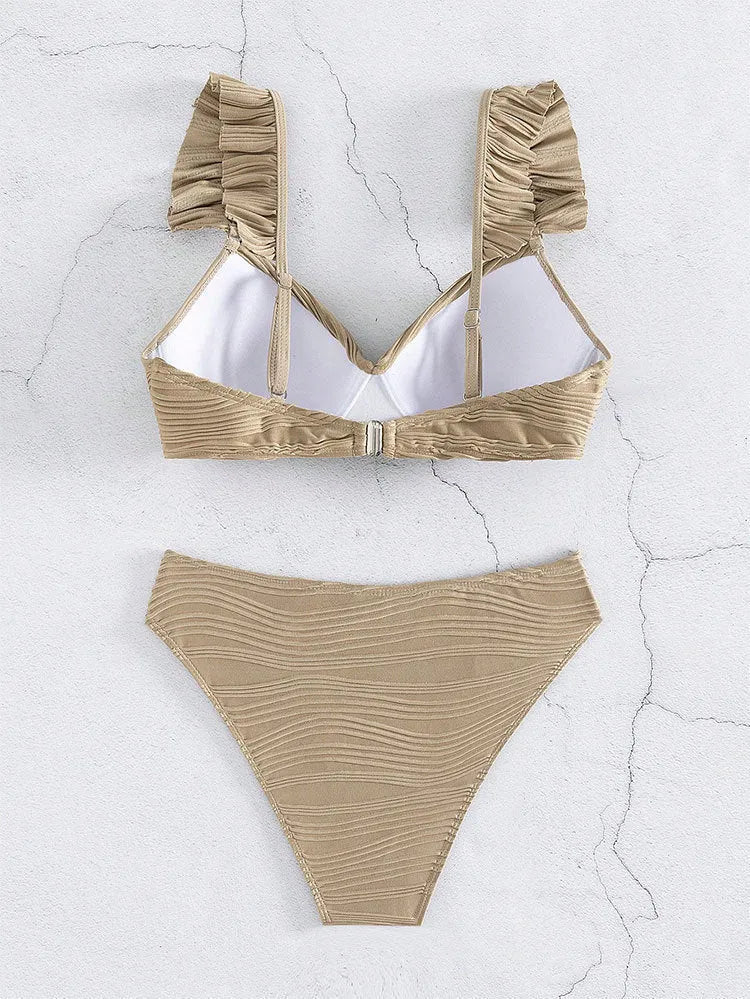 Women's solid colour bikini swimsuit in black or khaki on mannequin