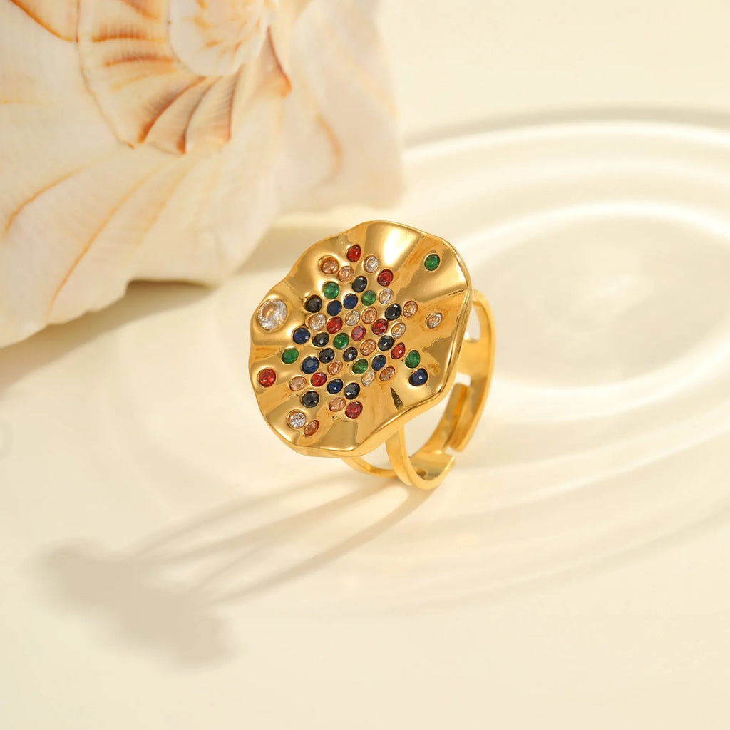 Titanium steel geometry ring with pleated inlaid colour diamonds in adjustable open mouth design