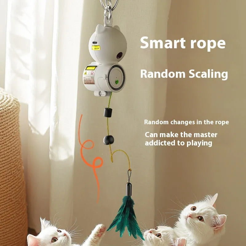White plastic hanging retractable cat toy with feather attachment for indoor cat play
