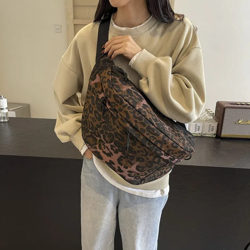 Soft canvas leopard print chest bag in brown with patchwork detailing, large capacity, multiple colours available