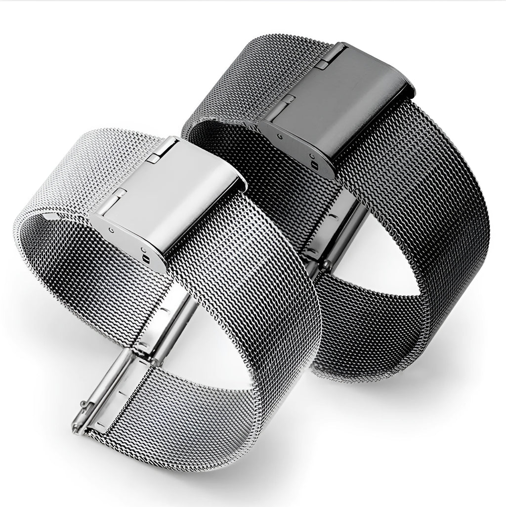 Milani silk woven stainless steel watch band in silver, black, rose gold and gold colours showing texture detail
