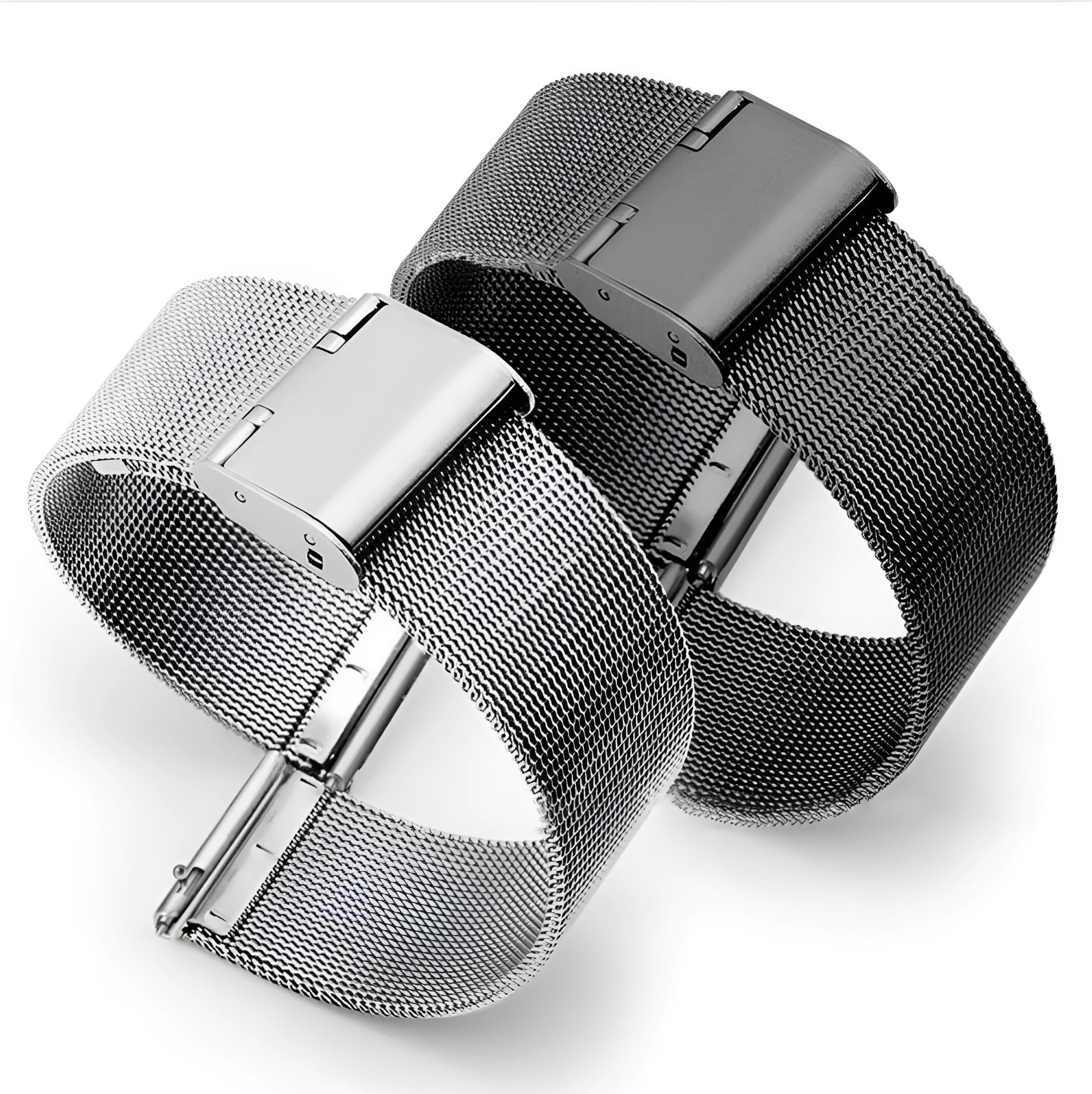 Milani silk woven stainless steel watch band in silver, black, rose gold and gold colours showing texture detail