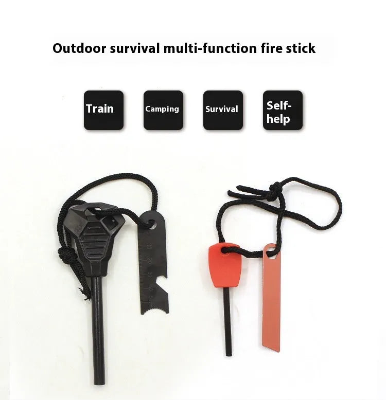 Black multifunctional camping flint with magnesium rod and stainless steel scraper showing graduated scale and bottle opener
