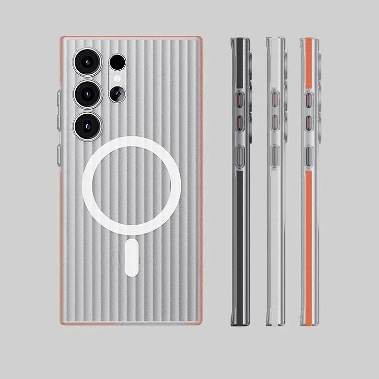 Samsung magnetic frosted PC phone case in Gulf blue and frosted white for S24 and S24 Ultra.